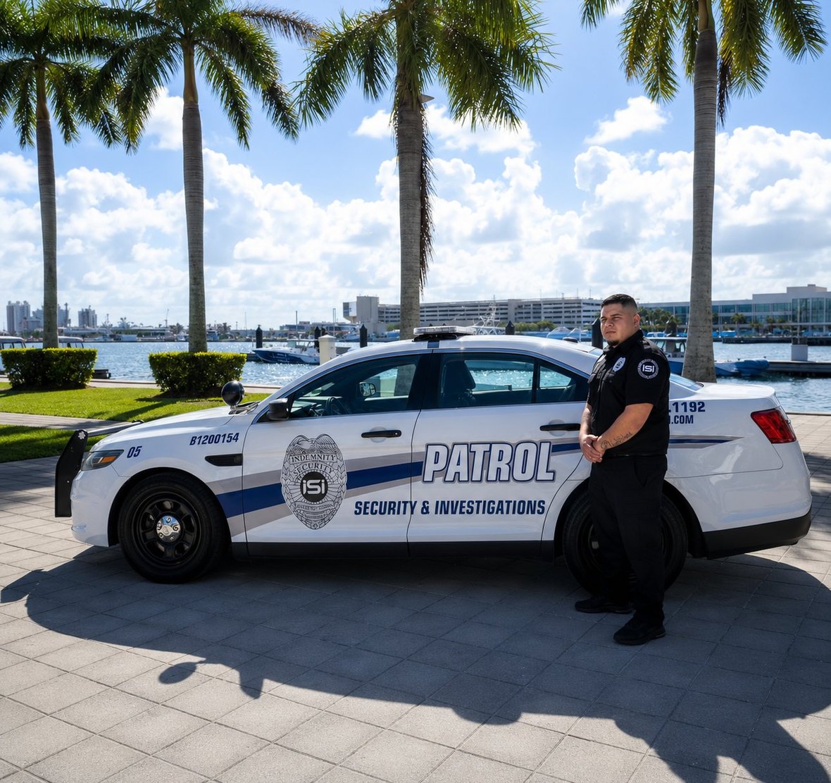 ISI Ford patrol interceptor and uniformed officer at the Miami waterfront